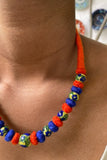 Blue Pottery Handcrafted Beaded Orange And Yellow Necklace
