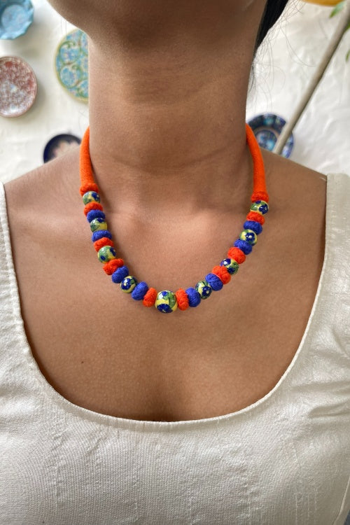 Blue Pottery Handcrafted Beaded Orange And Yellow Necklace