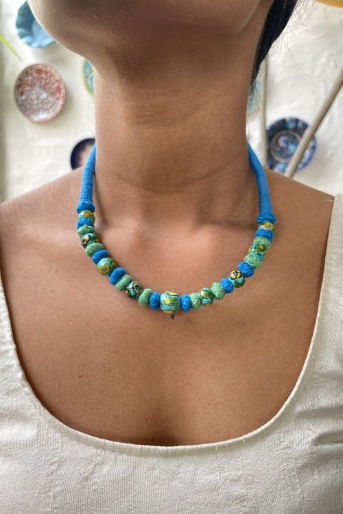 Blue Pottery Handcrafted Beaded Light Blue Necklace