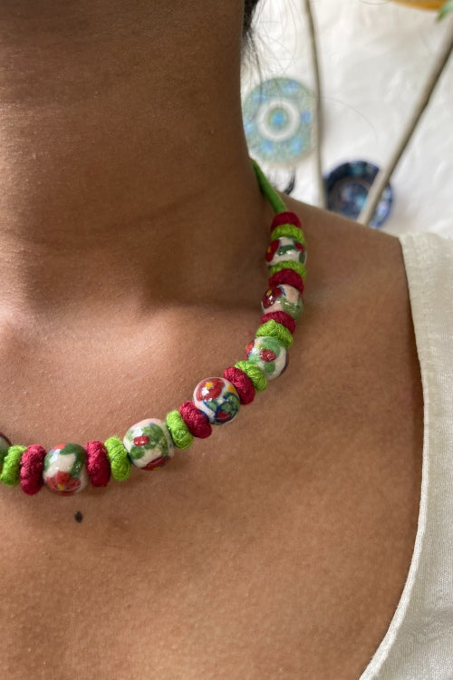 Blue Pottery Handcrafted Round Beaded Red, Green Necklace