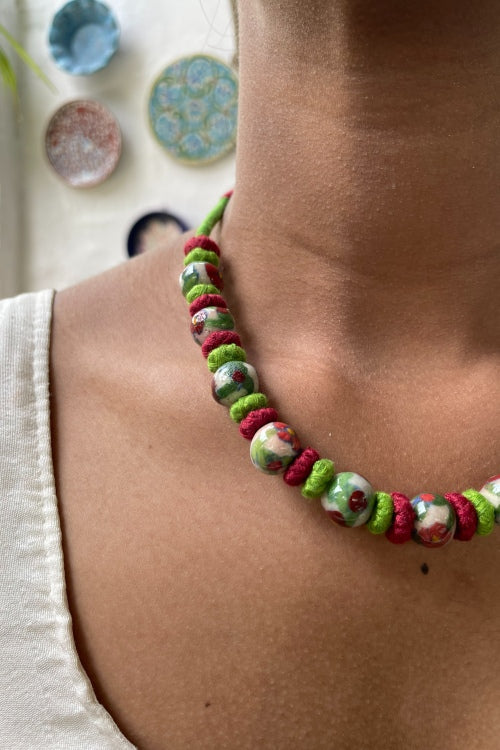 Blue Pottery Handcrafted Round Beaded Red, Green Necklace