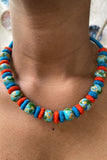 Blue Pottery Handcrafted Round Beaded Light Blue ,Orange Necklace