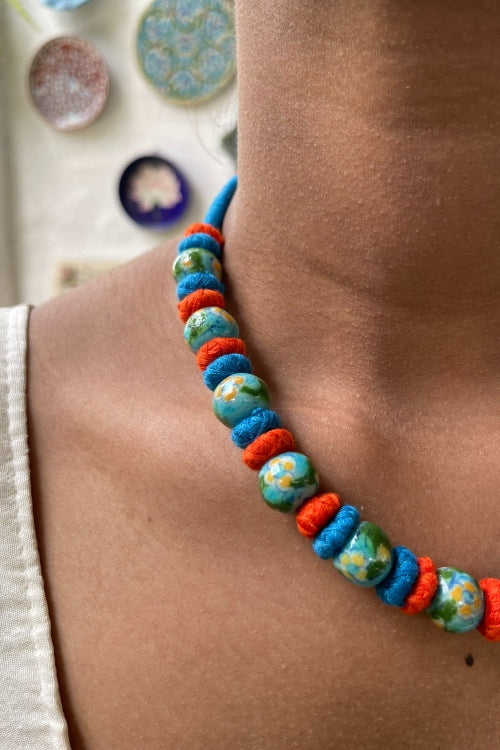 Blue Pottery Handcrafted Round Beaded Light Blue ,Orange Necklace