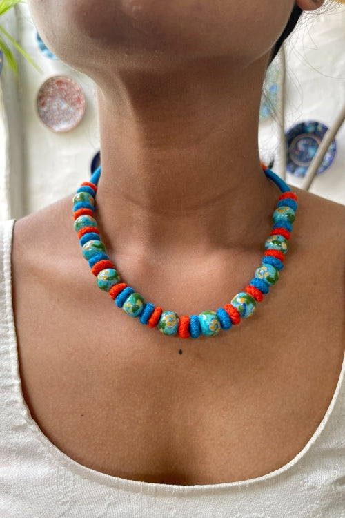 Blue Pottery Handcrafted Round Beaded Light Blue ,Orange Necklace