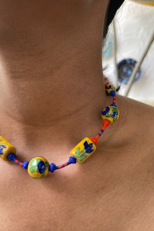 Blue Pottery Handcrafted Adjustable Yellow, Orange Necklace