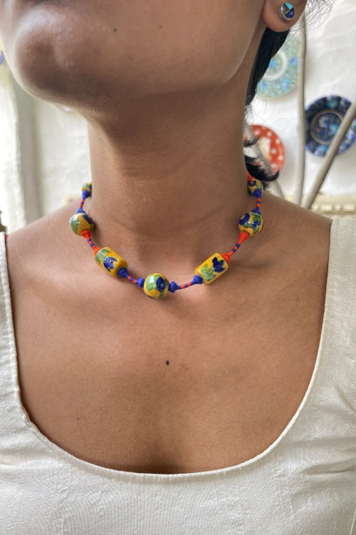 Blue Pottery Handcrafted Adjustable Yellow, Orange Necklace