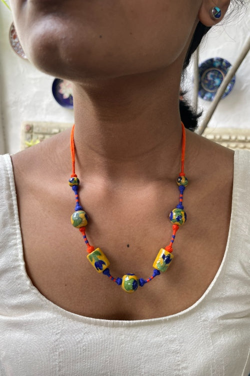 Blue Pottery Handcrafted Adjustable Yellow, Orange Necklace