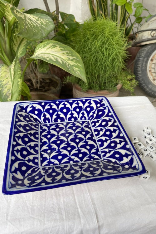 Blue Pottery Handcrafted Geometric Blue Square Tray