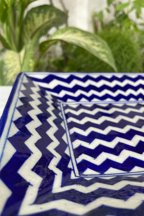Blue Pottery Handcrafted Geometric Zic-Zac Blue Square Tray