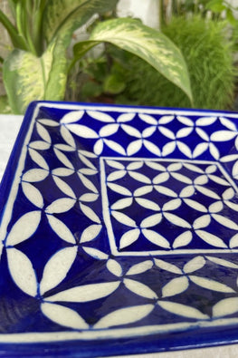Blue Pottery Handcrafted Geometric Arch Blue Square Tray