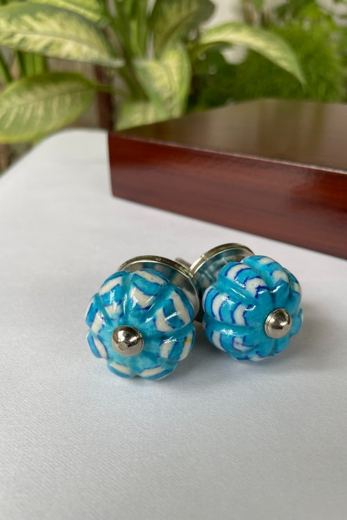 Blue Pottery Handcrafted Lotus Light Blue Door Knobs (Set Of 2)