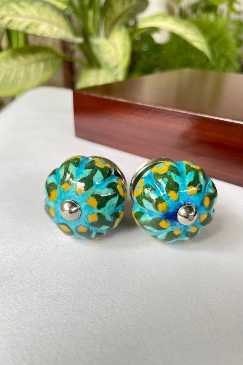 Blue Pottery Handcrafted Lotus Light Blue , Green Door Knobs (Set Of 2)