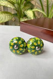 Blue Pottery Handcrafted Round Green Flower Door Knobs (Set Of 2)