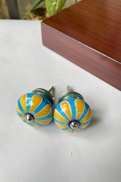 Blue Pottery Handcrafted Round Blue Yellow Flower Door Knobs (Set Of 2)