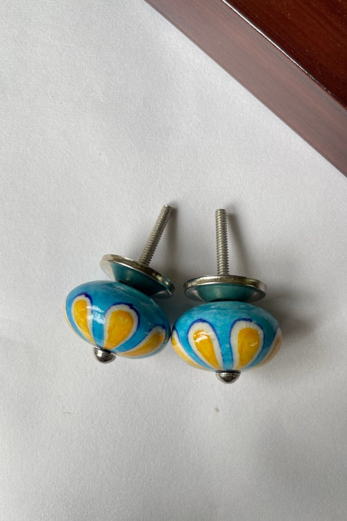 Blue Pottery Handcrafted Round Blue Yellow Flower Door Knobs (Set Of 2)