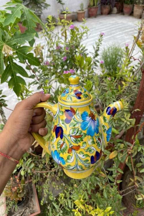 Blue Pottery Handcrafted Yellow Flower Kettle