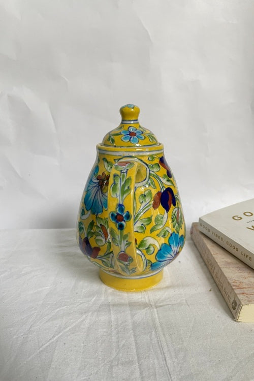 Blue Pottery Handcrafted Yellow Flower Kettle