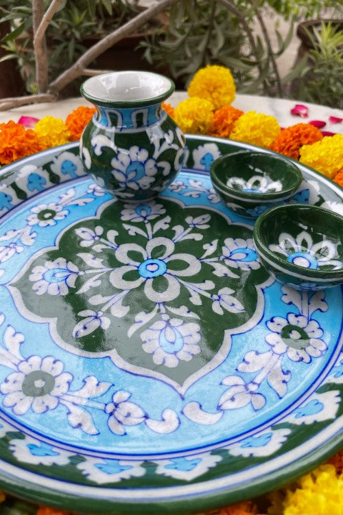 Blue Pottery Handcrafted Pooja Thali Green And Blue