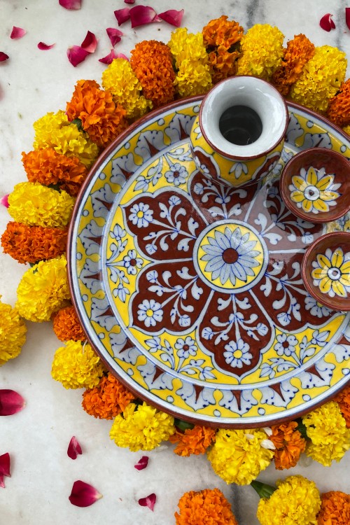 Blue Pottery Handcrafted Pooja Thali Red And Yellow