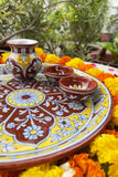 Blue Pottery Handcrafted Pooja Thali Red And Yellow