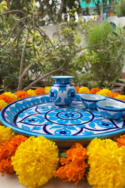 Blue Pottery Handcrafted Pooja Thali Light Blue And White