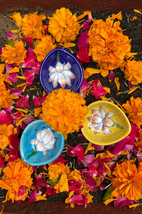 Handcrafted Lotus Organic Reusable Diyas (Set Of 3) Ram Gopal Blue Pottery