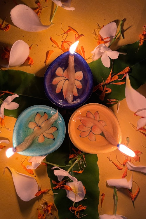 Handcrafted Lotus Organic Reusable Diyas (Set Of 3) Ram Gopal Blue Pottery