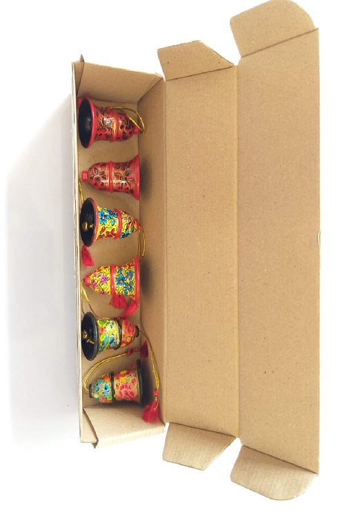 Set of 6 Multicolor Assorted Hand-painted Christmas bells with gift pouch