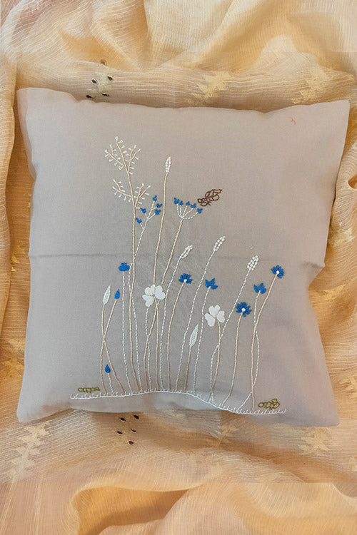 Hand Embroidered Cushion Cover with Blue Flowers
