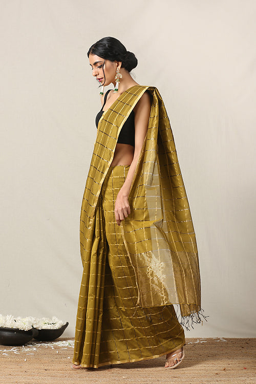 Handweave Maheshwari Handloom Silk Cotton Saree Col-D.Fwan with Zari