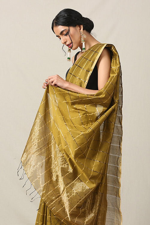 Handweave Maheshwari Handloom Silk Cotton Saree Col-D.Fwan with Zari