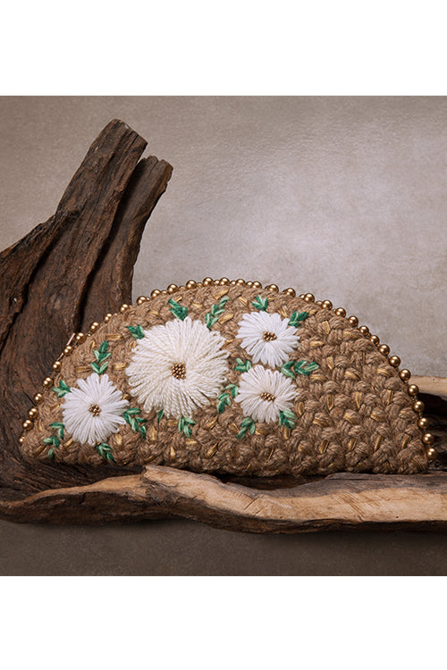 Dhaaga White Daisy Gold Half Moon Clutch Bag