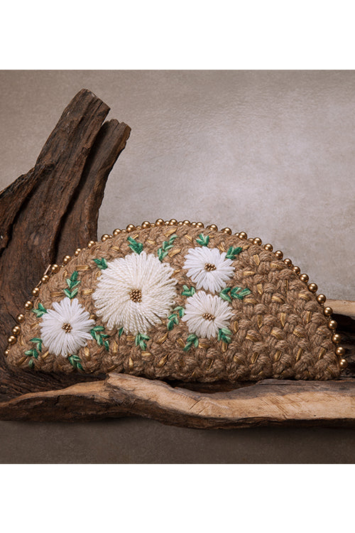Dhaaga White Daisy Gold Half Moon Clutch Bag