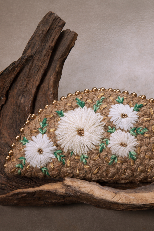 Dhaaga White Daisy Gold Half Moon Clutch Bag