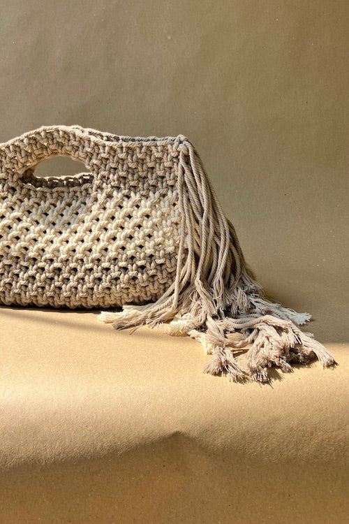Vtg Boho Macrame Crochet Purse Bag Tote Wooden Handles Brown Cream Lined  Y2K Fun | eBay