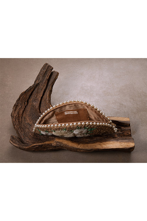 Dhaaga White Daisy Rose Gold Half Moon Clutch Bag