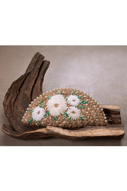 Dhaaga White Daisy Rose Gold Half Moon Clutch Bag