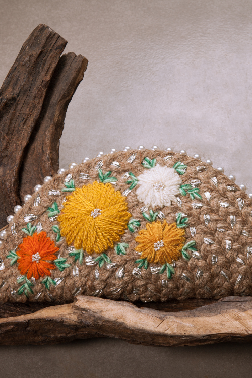 Dhaaga Yellow Dahlia Silver Half Moon Clutch Bag