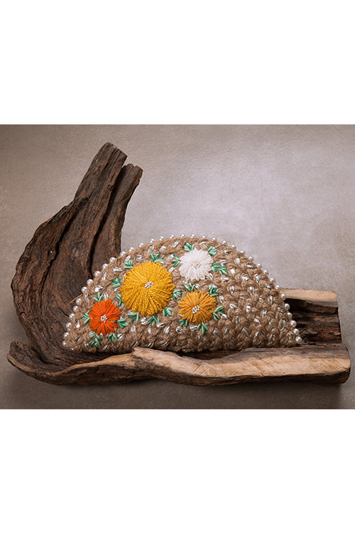 Dhaaga Yellow Dahlia Silver Half Moon Clutch Bag
