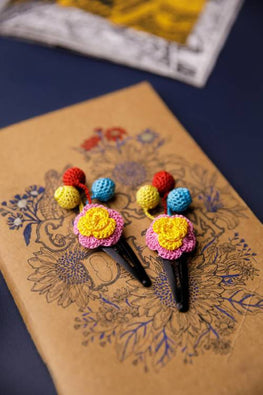Samoolam Handmade Crochet Flower Hair Clips Set - Pink Rose Bloom