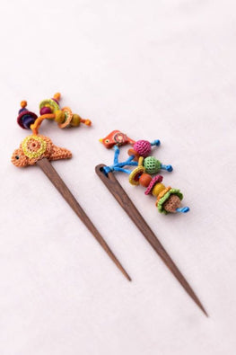 Multicoloured Tasseled Bird Hair Stick (Pair)