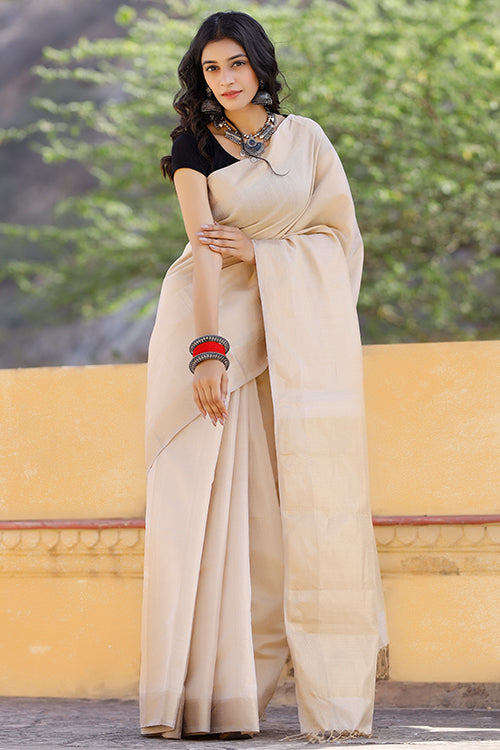 Handweave Maheshwari "Herringbone" Off-White Silk Cotton Tissue Saree