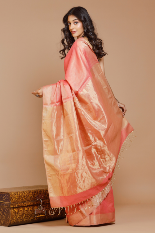 Handweave Maheshwari "Salmon" Silk Cotton Tissue Saree