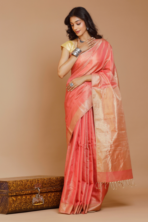 Salmon Peach Handweave Maheshwari Silk Cotton Tissue Saree Online