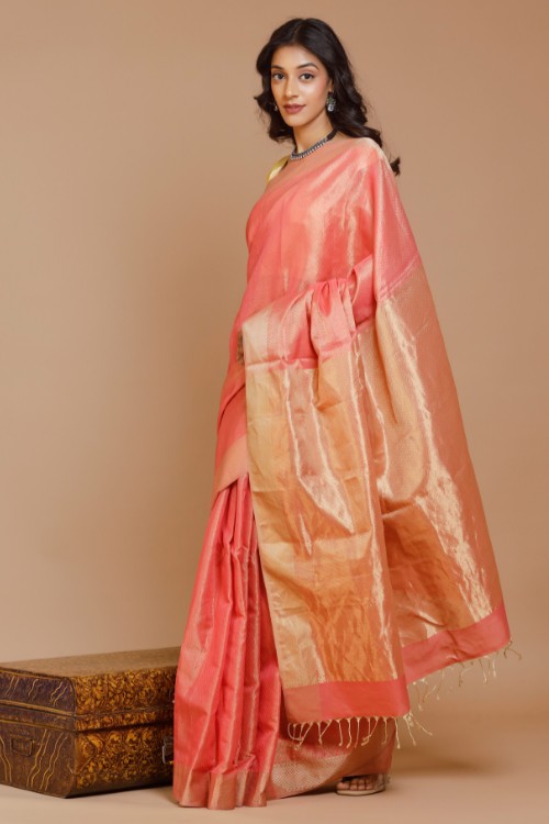 Handweave Maheshwari "Salmon" Silk Cotton Tissue Saree