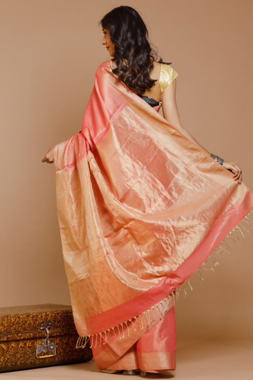 Salmon Peach Handweave Maheshwari Silk Cotton Tissue Saree Online