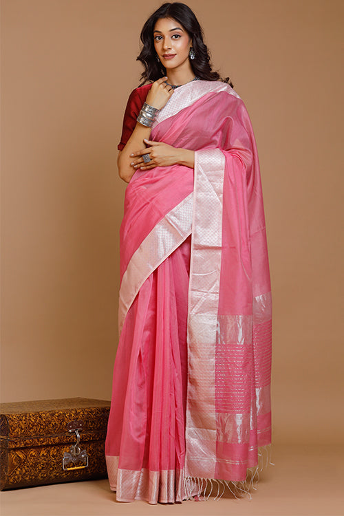 Handweave Maheshwari "Onion Pink" Silver Jari Border Saree