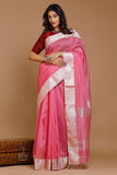 Handweave Maheshwari "Onion Pink" Silver Jari Border Saree