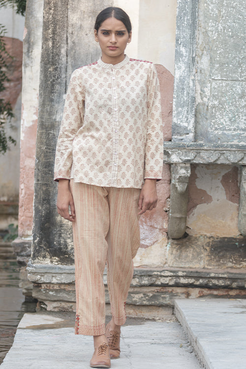 Sadhna 'Biri' Beige Dabu print Collared kurta
