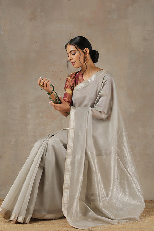 Handweave Maheshwari "Alabaster" Handloom Cotton Silk Saree with Zari Pallu and Border